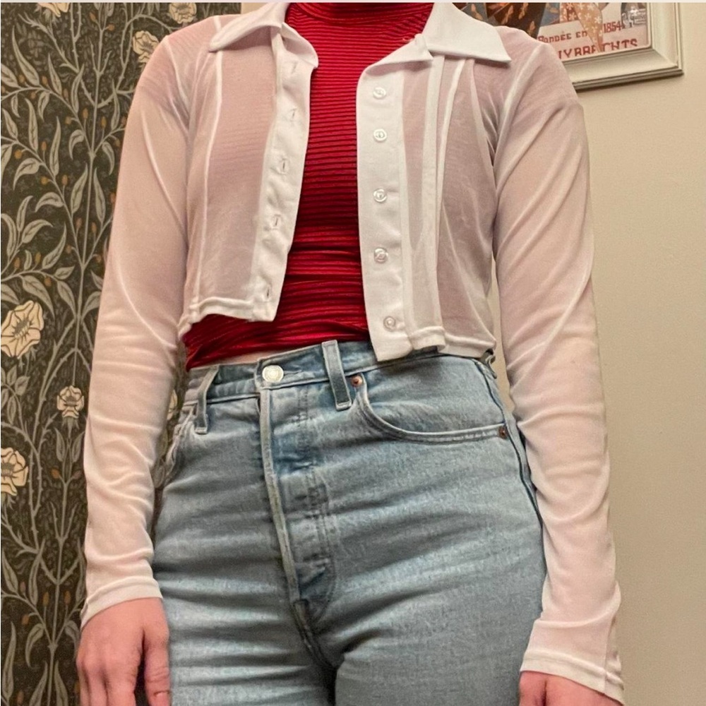 Size 6 Pretty Little Things white mesh long-sleeve button-up crop top